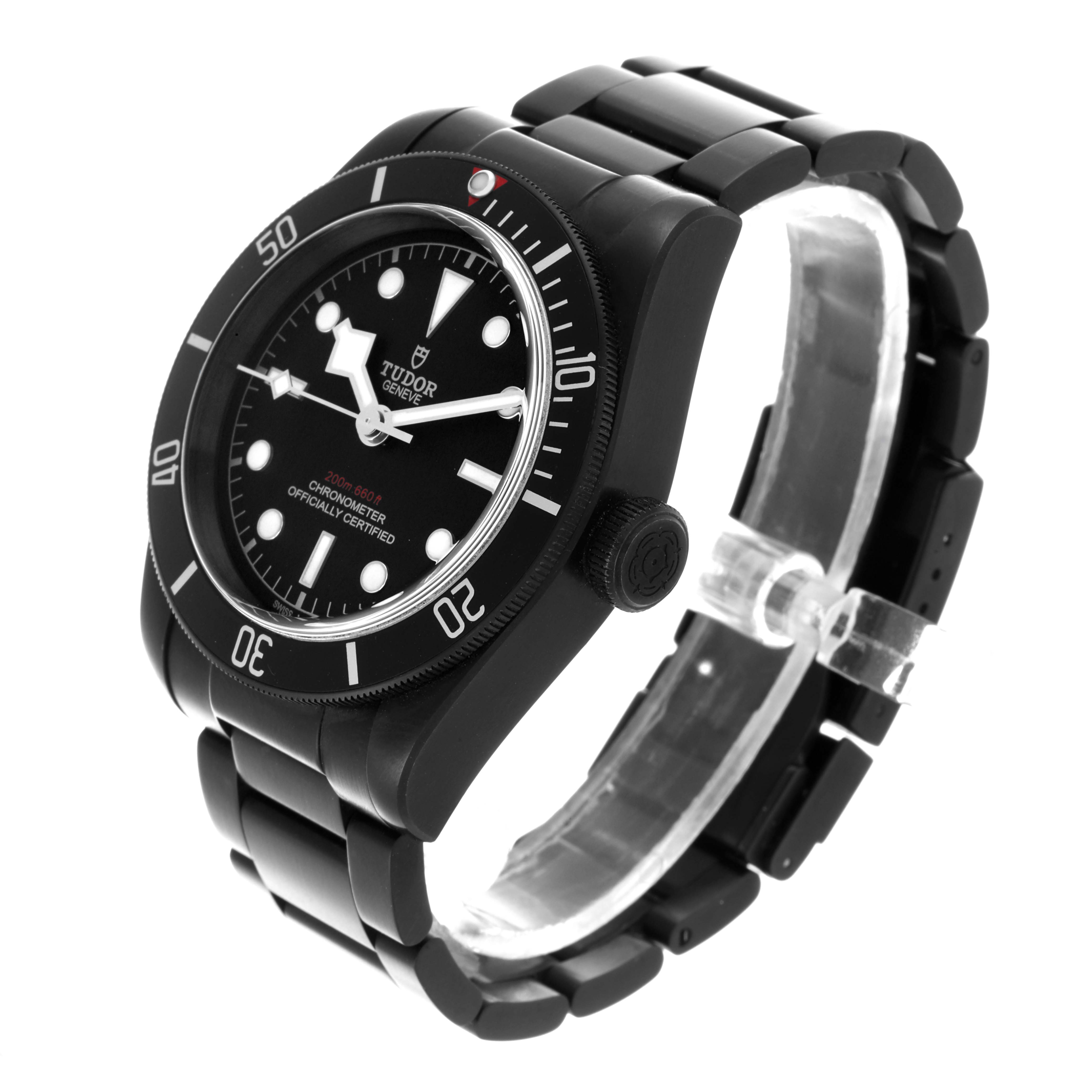The Tudor Heritage Black Bay 79230DK Men's Stainless Steel Black Dial 79230DK Men's Stainless Steel Black Dial watch is angled to show the bezel, dial, and bracelet in a three-quarter view.