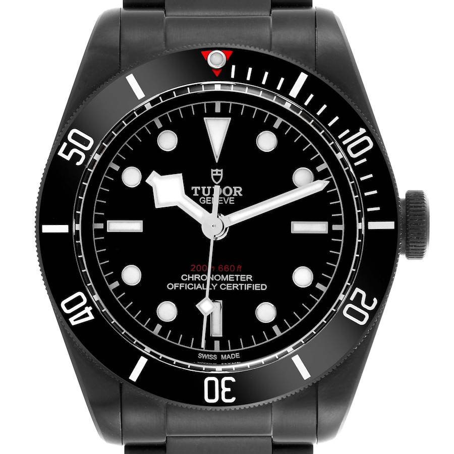 The image shows a front view of the Tudor Heritage Black Bay 79230DK Men's Stainless Steel Black Dial 79230DK Men's Stainless Steel Black Dial watch, highlighting the dial, bezel, and winding crown.