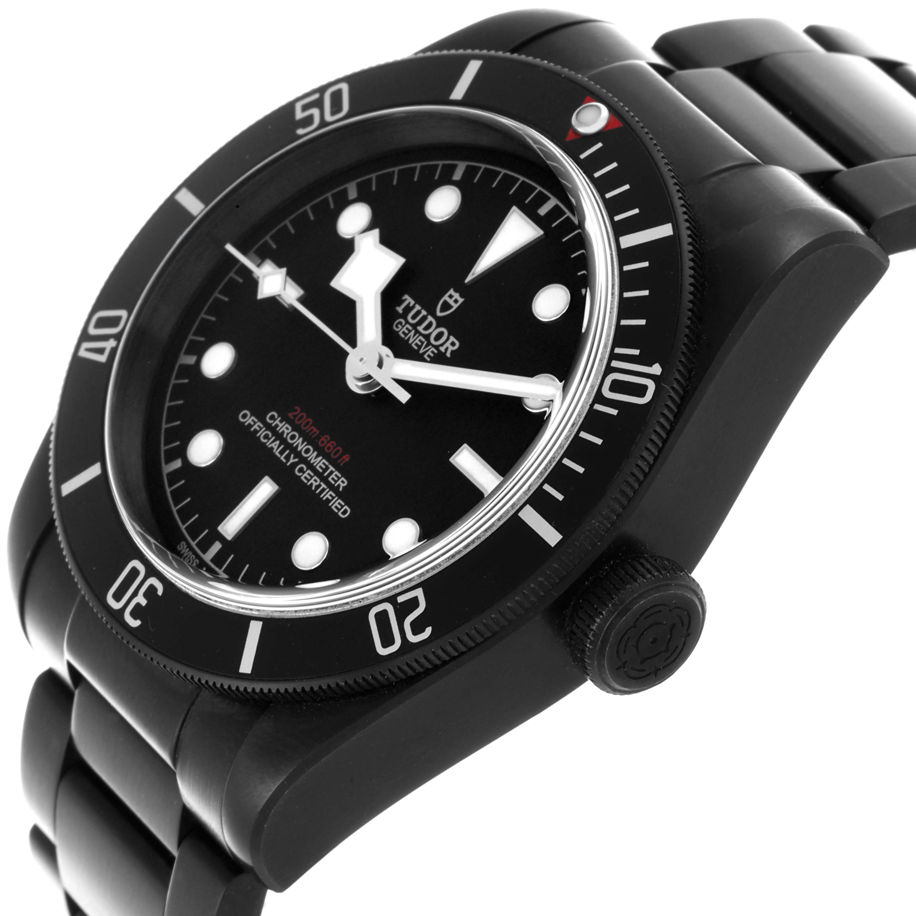 The Tudor Heritage Black Bay 79230DK Men's Stainless Steel Black Dial 79230DK Men's Stainless Steel Black Dial watch is shown at an angled side view highlighting the bezel, face, and part of the bracelet.