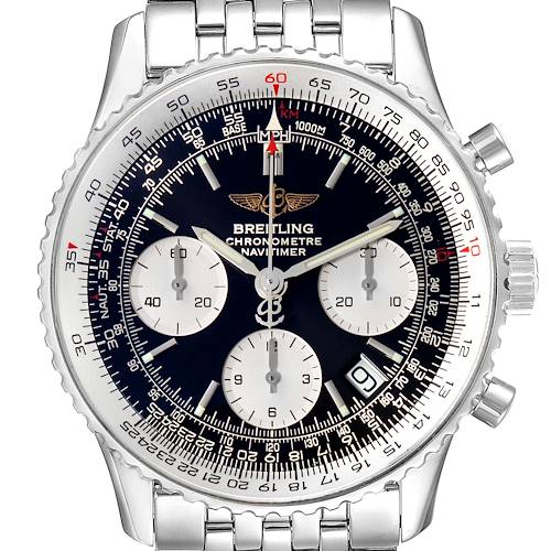 This image shows a front view of the Breitling Navitimer A23322 Men's Stainless Steel Black Dial A23322 Men's Stainless Steel Black Dial Chronometre watch, displaying its dial, hands, subdials, bezel, and bracelet.