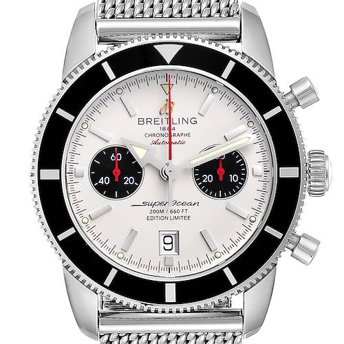 The image shows a front view of a Breitling Superocean A23320 Men's Stainless Steel Silver Dial A23320 Men's Stainless Steel Silver Dial watch, displaying its dial, chronograph subdials, bezel, and mesh strap.