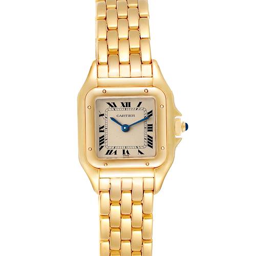 The image shows a front view of the Cartier Panthere W25022B9 Women's Yellow Gold Silver Dial W25022B9 Women's Yellow Gold Silver Dial watch, featuring its face and a portion of the gold bracelet.