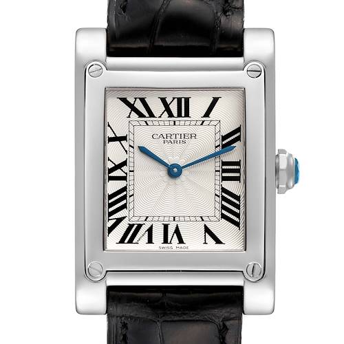 This image shows a front view of a Cartier Tank A Vis W1539951P Men's Platinum Silver Dial W1539951P Men's Platinum Silver Dial watch, highlighting its face, Roman numerals, and black leather strap.