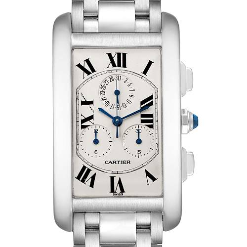 This is a front view of the Cartier Tank Americaine W26033L1 Men's White Gold Silver Dial W26033L1 Men's White Gold Silver Dial watch showcasing its rectangular face and bracelet.
