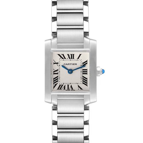 The image shows a front view of a Cartier Tank Francaise W51008Q3 Women's Stainless Steel Silver Dial W51008Q3 Women's Stainless Steel Silver Dial watch, highlighting the rectangular face, metal bracelet, and blue cabochon crown.