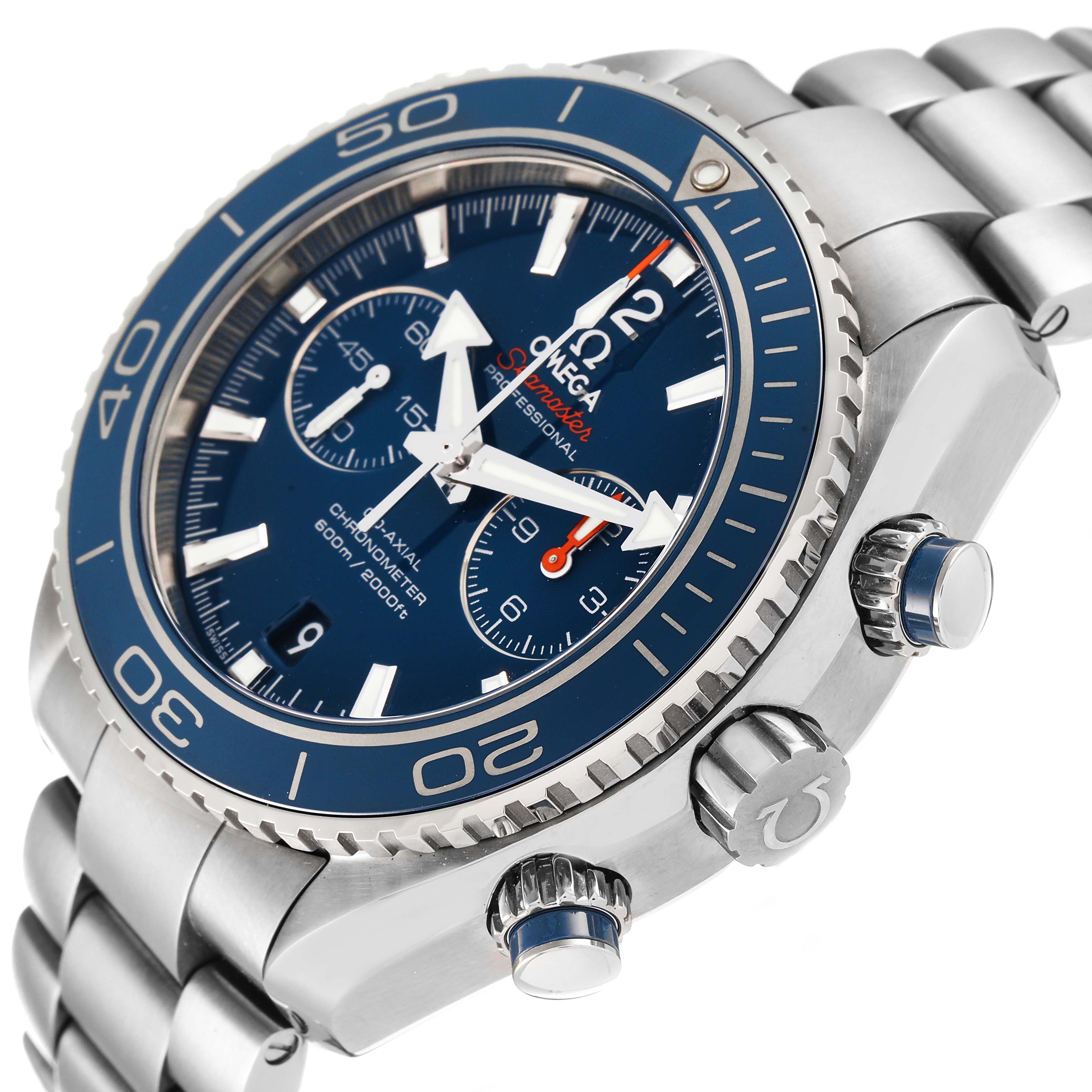 The image shows an angled view of the Omega Planet Ocean 232.90.46.51.03.001 Men's Titanium Blue Dial 232.90.46.51.03.001 Men's Titanium Blue Dial watch focusing on its blue dial, bezel, and chronograph pushers.
