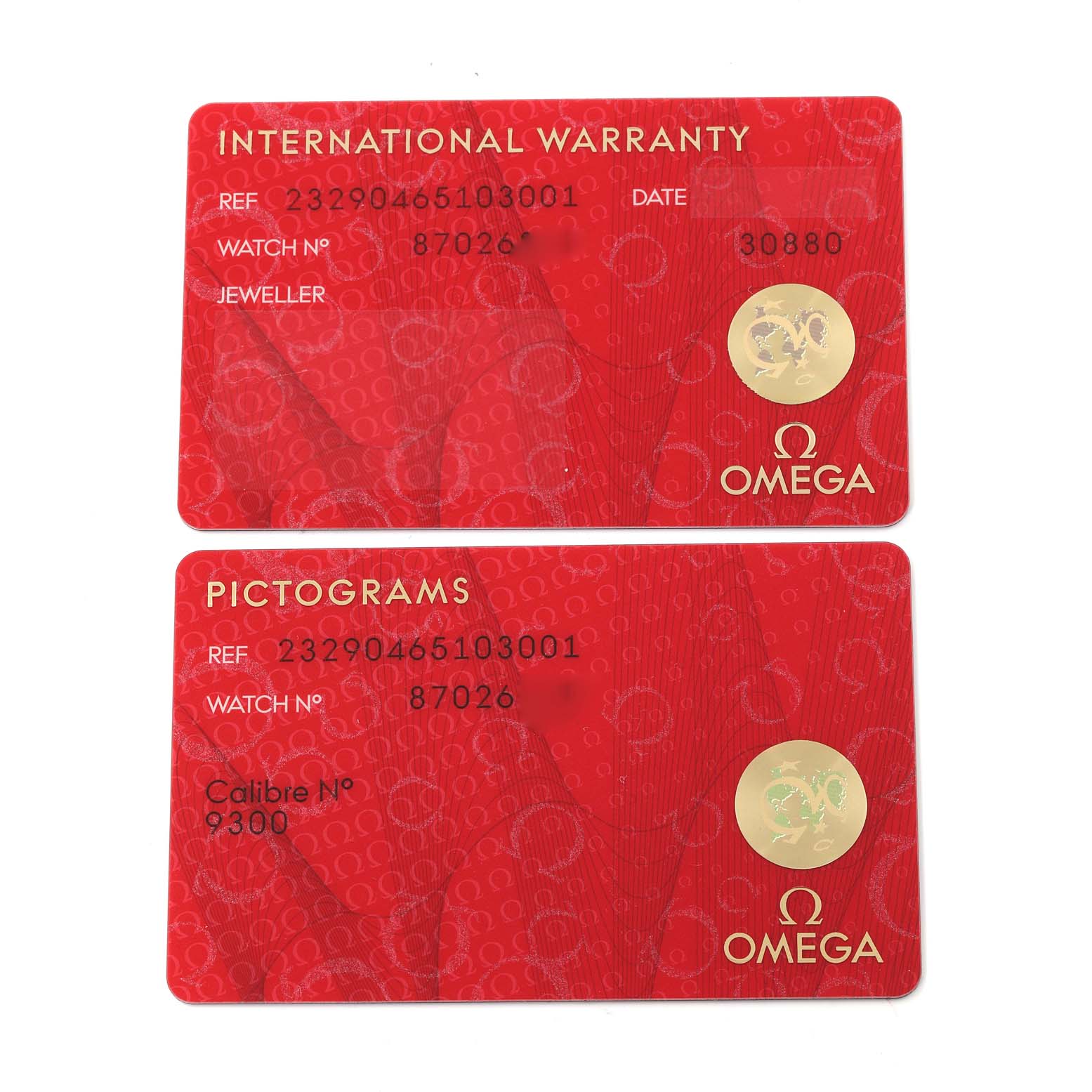 The image shows International Warranty and Pictograms cards for the Omega Planet Ocean 232.90.46.51.03.001 Men's Titanium Blue Dial 232.90.46.51.03.001 Men's Titanium Blue Dial model watch.