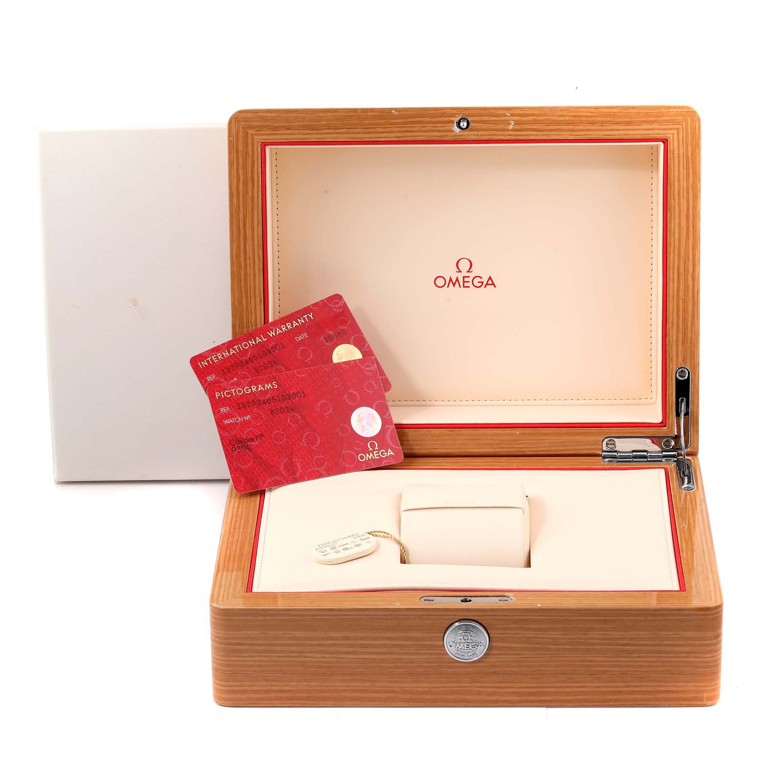 The image shows the open box, warranty cards, and tag for the Omega Planet Ocean 232.90.46.51.03.001 Men's Titanium Blue Dial 232.90.46.51.03.001 Men's Titanium Blue Dial watch.