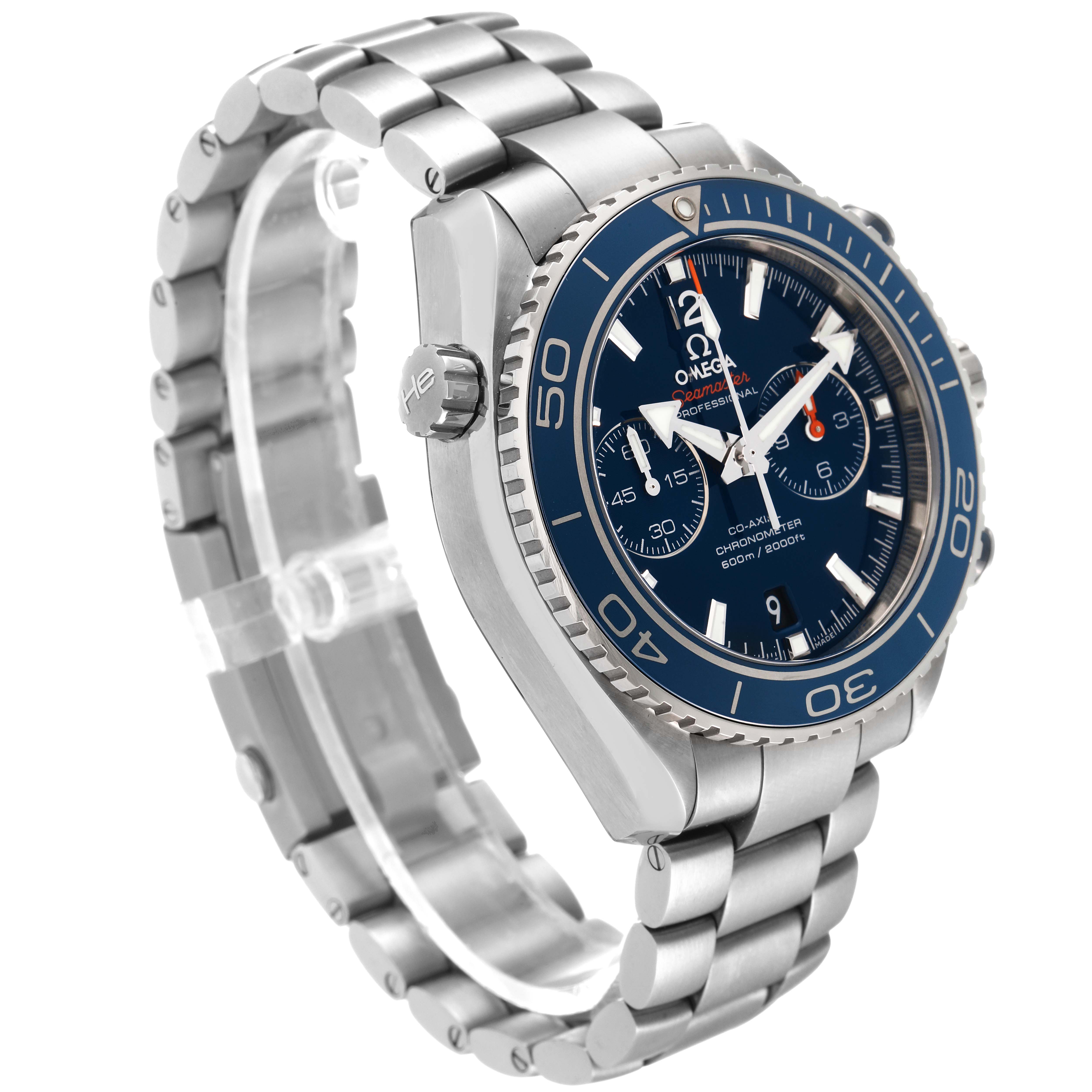 The Omega Planet Ocean 232.90.46.51.03.001 Men's Titanium Blue Dial 232.90.46.51.03.001 Men's Titanium Blue Dial watch is shown at an angled side view, highlighting the face, bezel, crown, and metal bracelet.