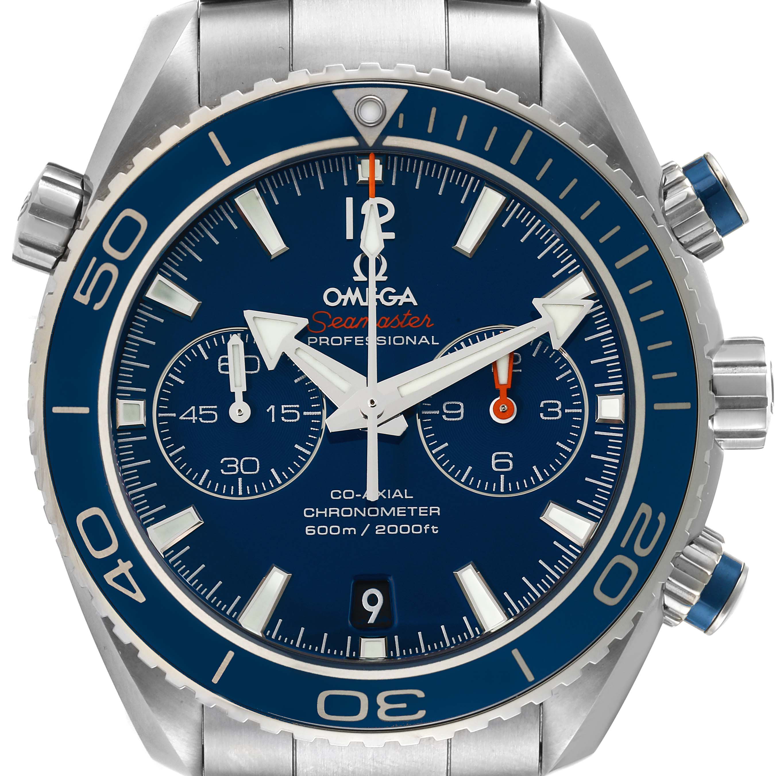 The image shows a front view of the Omega Planet Ocean 232.90.46.51.03.001 Men's Titanium Blue Dial 232.90.46.51.03.001 Men's Titanium Blue Dial watch, displaying the dial and bezel details.