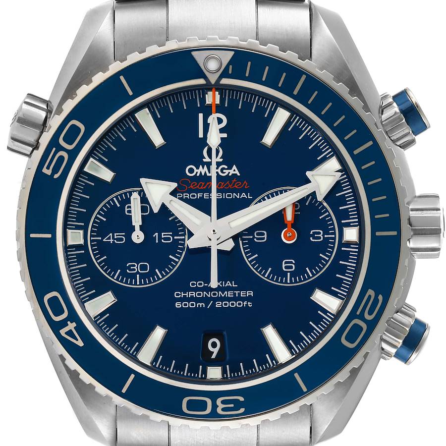 The image shows a front view of the Omega Planet Ocean 232.90.46.51.03.001 Men's Titanium Blue Dial 232.90.46.51.03.001 Men's Titanium Blue Dial watch, displaying the dial and bezel details.