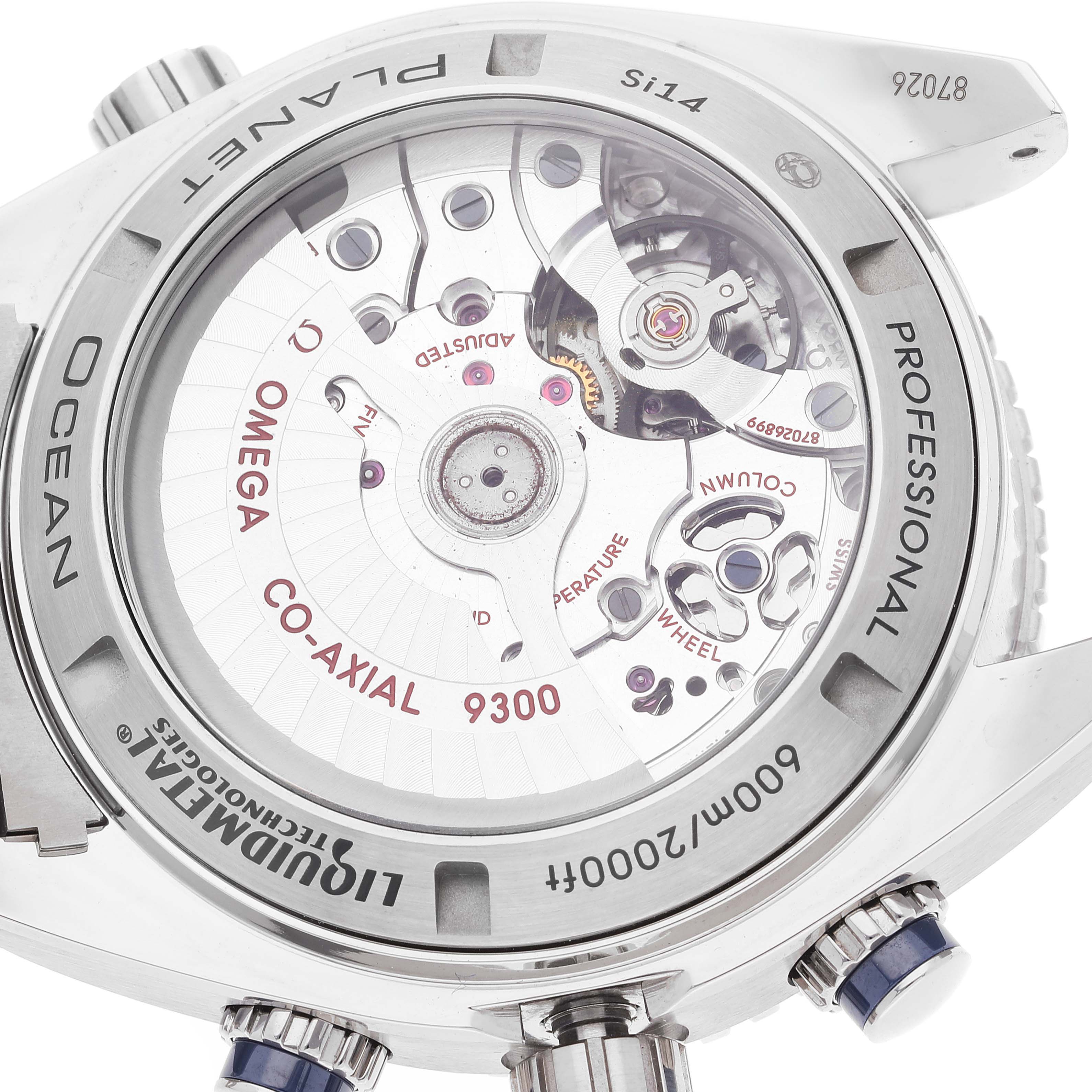 The image shows the back of an Omega Planet Ocean 232.90.46.51.03.001 Men's Titanium Blue Dial 232.90.46.51.03.001 Men's Titanium Blue Dial watch, revealing its mechanical movement and internal components.