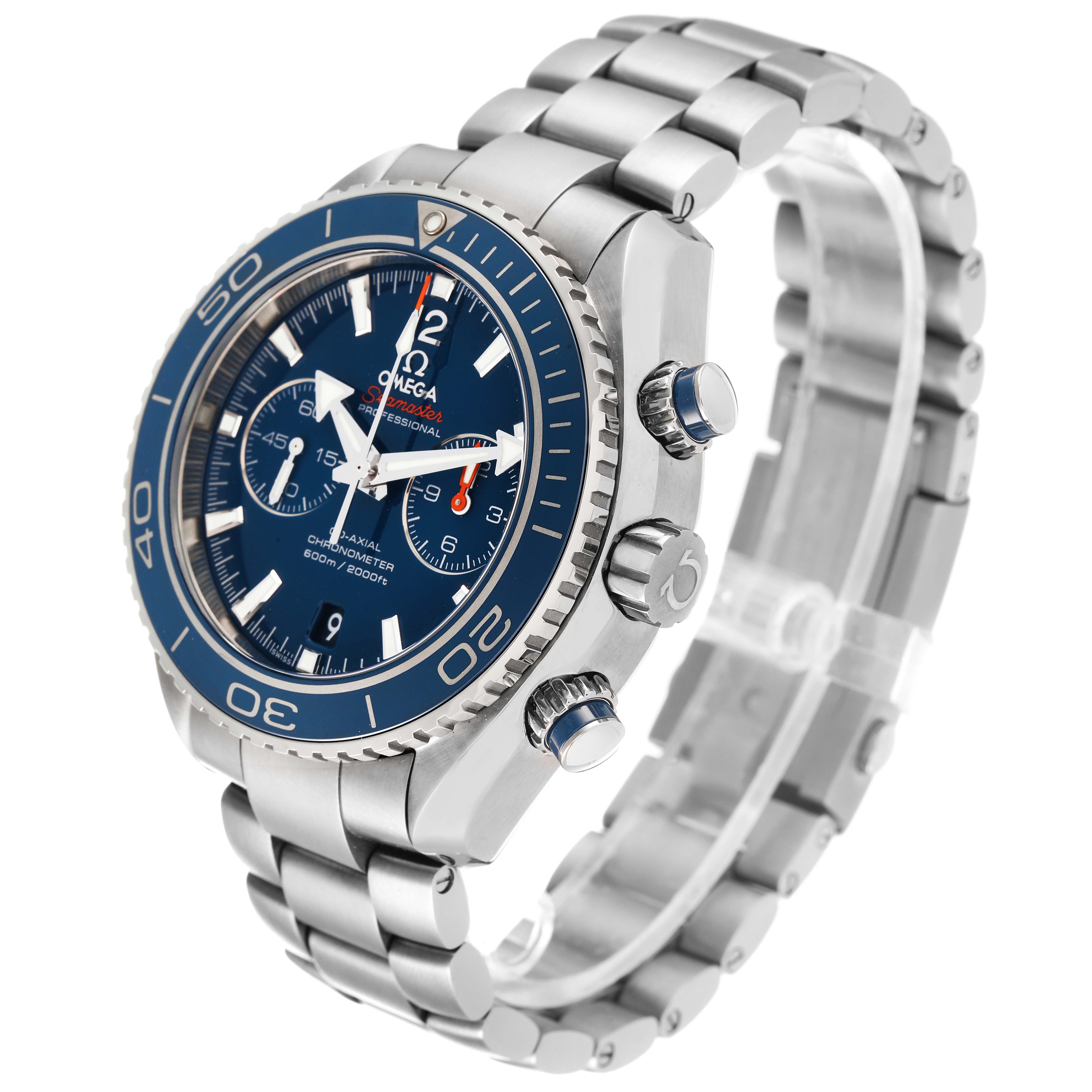 The image shows an Omega Planet Ocean 232.90.46.51.03.001 Men's Titanium Blue Dial 232.90.46.51.03.001 Men's Titanium Blue Dial watch at a three-quarter angle, displaying the face, bezel, and bracelet.