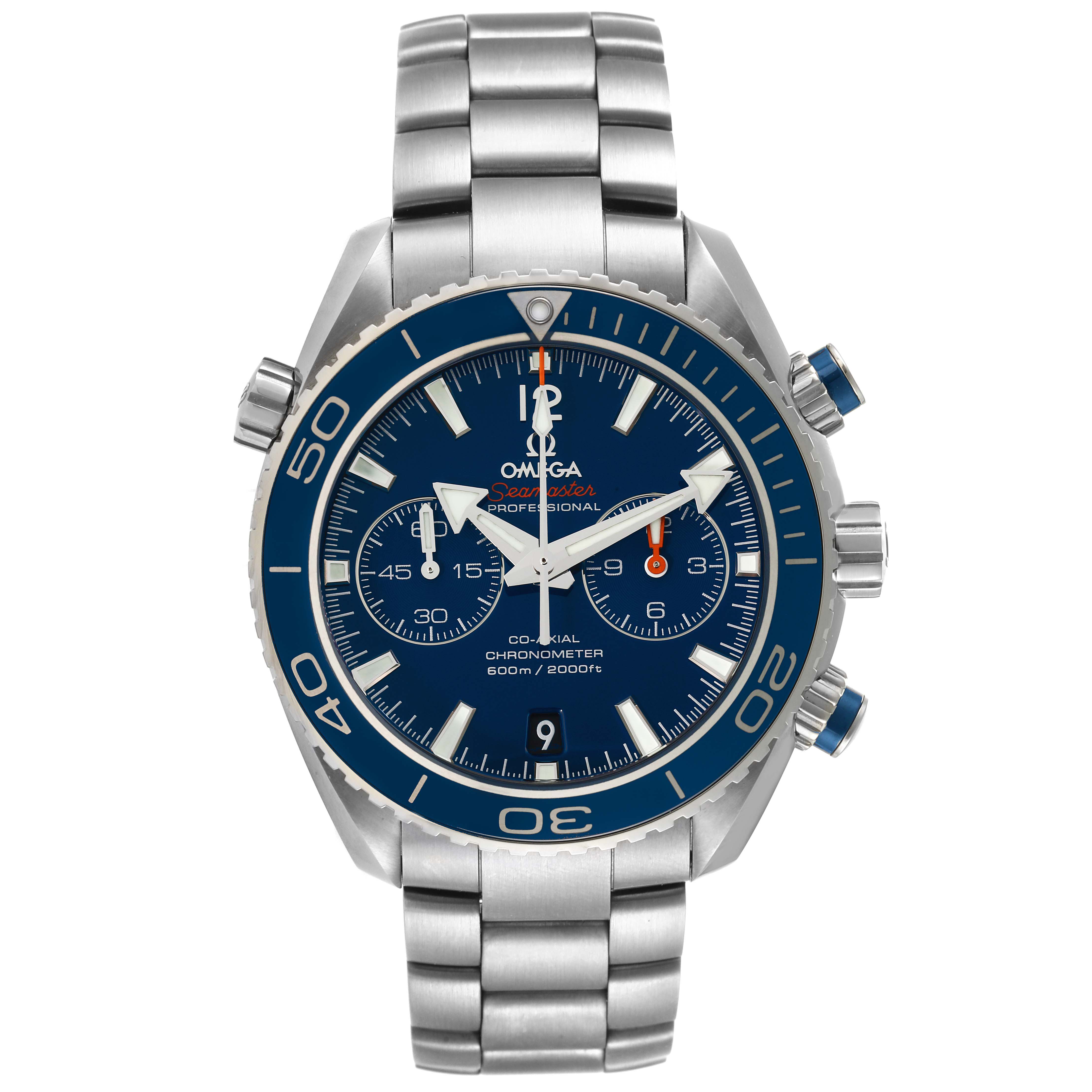 The image shows a front angle of the Omega Planet Ocean 232.90.46.51.03.001 Men's Titanium Blue Dial 232.90.46.51.03.001 Men's Titanium Blue Dial watch, highlighting its face, bezel, and stainless steel bracelet.