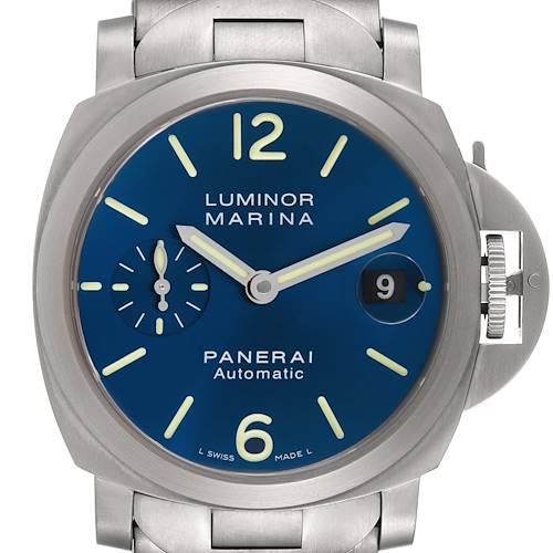 This is a front view of a Panerai Luminor PAM00283 Men's Titanium Blue Dial PAM00283 Men's Titanium Blue Dial Marina watch showing the dial, hour markers, hands, date window, and crown guard.