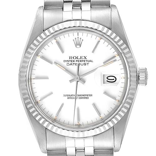 The image shows a front view of a Rolex Vintage Collection 16014 Men's Stainless Steel White Dial 16014 Men's Stainless Steel White Dial Oyster Perpetual Datejust watch, highlighting its dial, bezel, crown, and part of the bracelet.