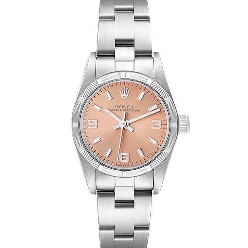 This is a front view of a Rolex Oyster Perpetual 76030 Women's Stainless Steel Orange Dial 76030 Women's Stainless Steel Orange Dial watch showing the dial, bezel, crown, and bracelet.