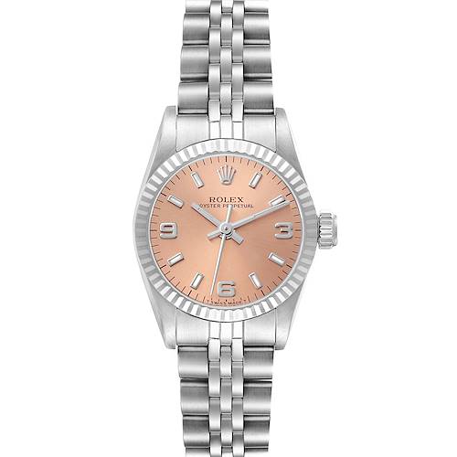 This image shows a front view of a Rolex Oyster Perpetual 67194 Women's Stainless Steel Orange Dial 67194 Women's Stainless Steel Orange Dial watch, featuring its dial, bezel, and bracelet.