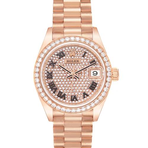 This image shows a front view of a Rolex President 279135 Women's Rose Gold Champagne Dial 279135 Women's Rose Gold Champagne Dial model watch, displaying its diamond bezel, bracelet, dial, and date window.