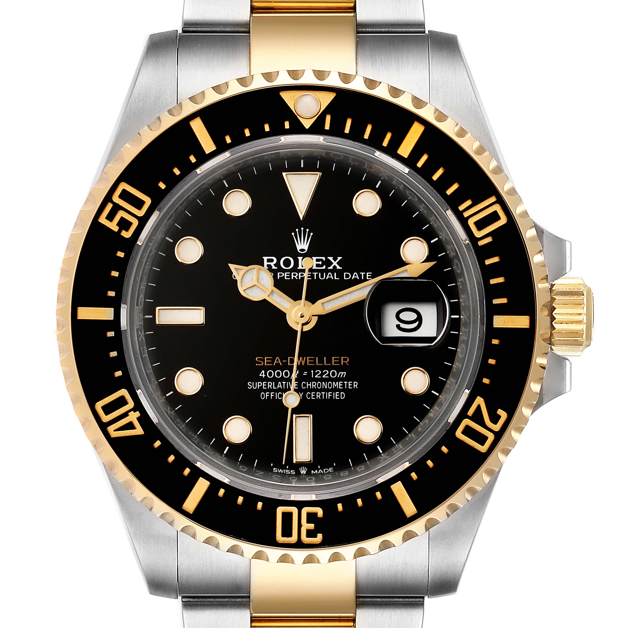 The image shows a front view of the Rolex Sea-Dweller 126603 Men's Steel and Gold (two tone) Black Dial 126603 Men's Steel and Gold (two tone) Black Dial watch, displaying its black dial, date window, and two-tone bezel and strap.