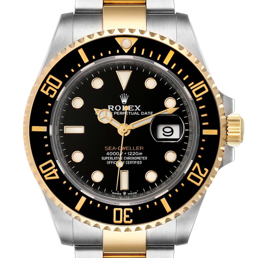The image shows a front view of the Rolex Sea-Dweller 126603 Men's Steel and Gold (two tone) Black Dial 126603 Men's Steel and Gold (two tone) Black Dial watch, displaying its black dial, date window, and two-tone bezel and strap.