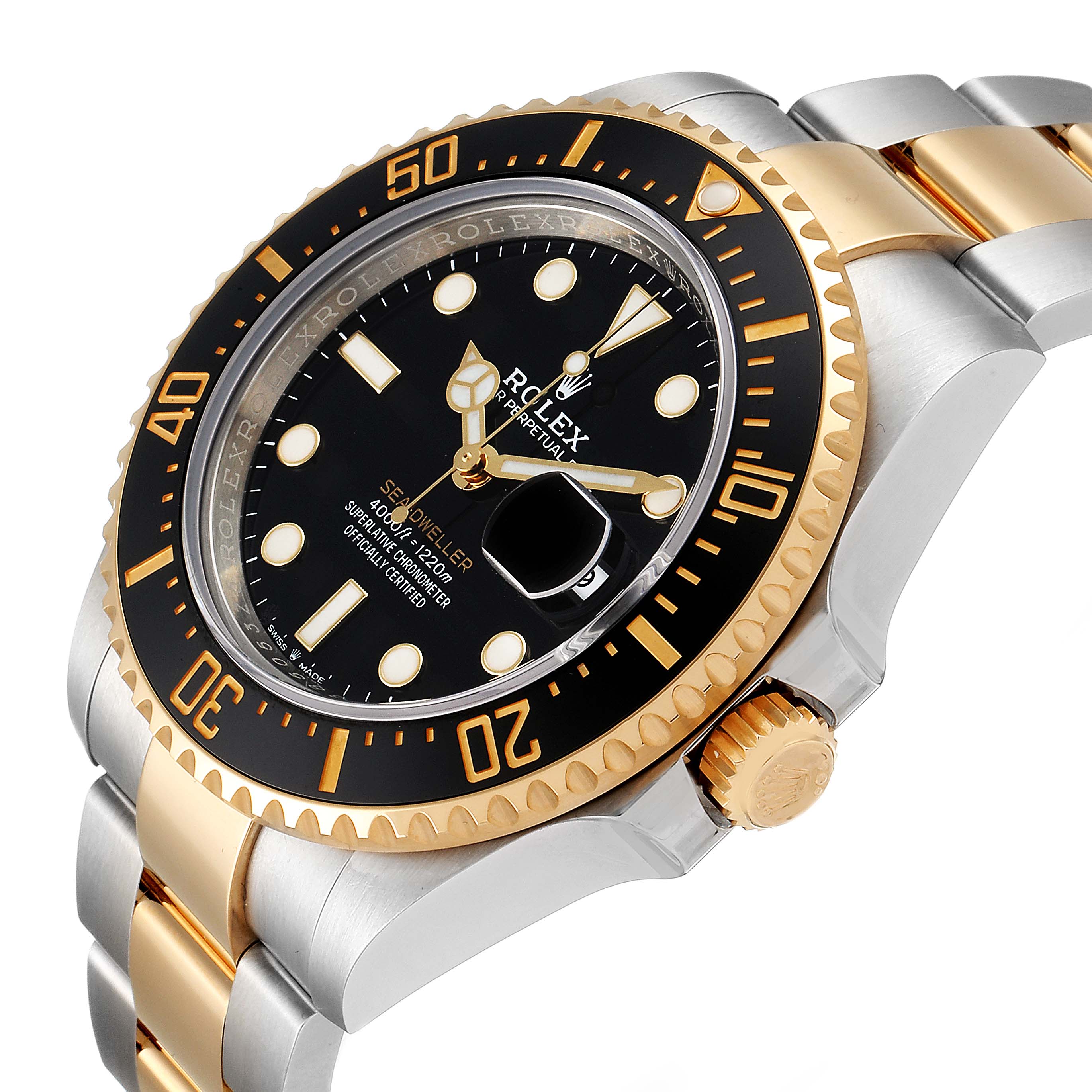 The image shows a Rolex Sea-Dweller 126603 Men's Steel and Gold (two tone) Black Dial 126603 Men's Steel and Gold (two tone) Black Dial watch at an angle highlighting the dial, bezel, case, crown, and bracelet.
