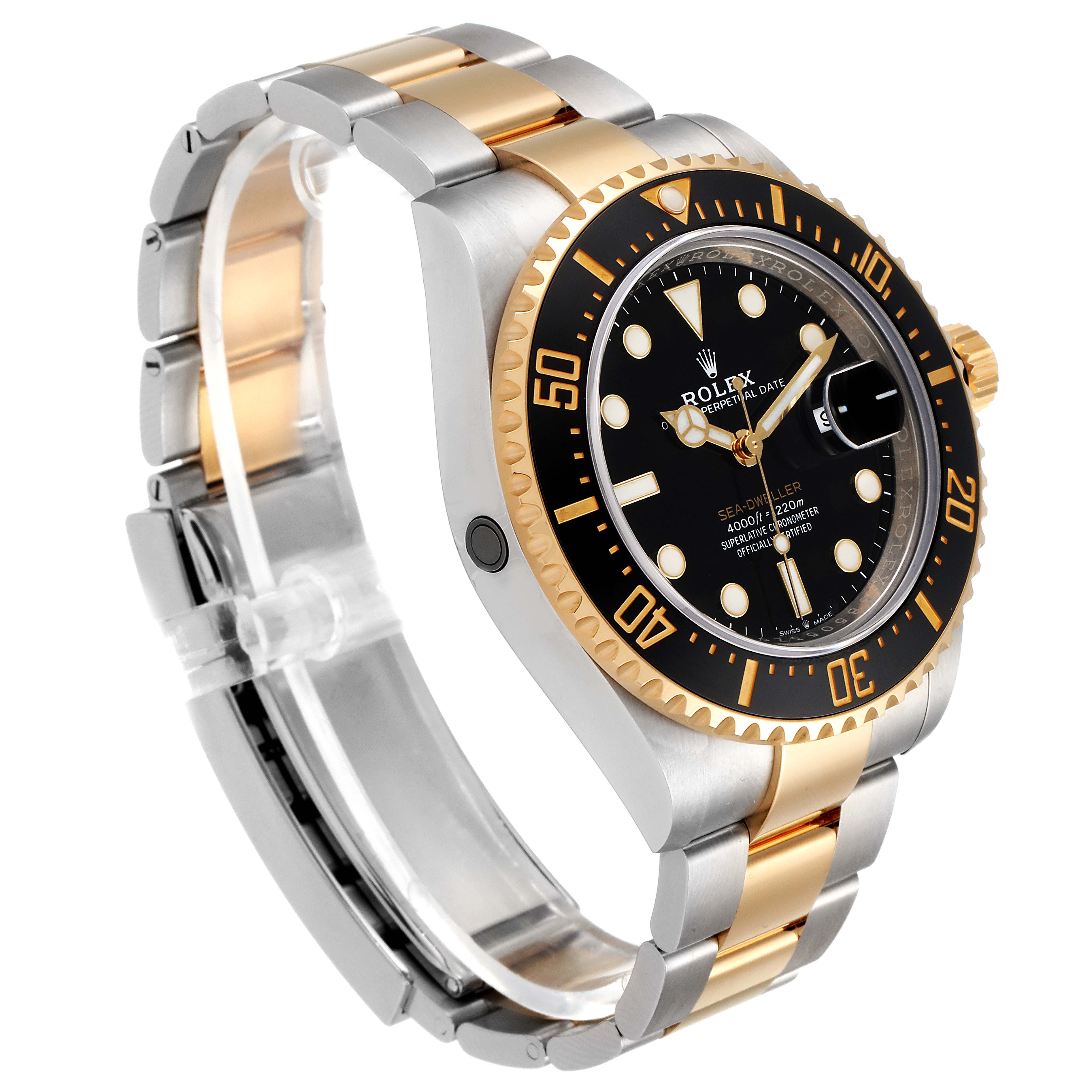 This image shows a side-angle view of the Rolex Sea-Dweller 126603 Men's Steel and Gold (two tone) Black Dial 126603 Men's Steel and Gold (two tone) Black Dial watch, highlighting its bezel, dial, and bracelet.