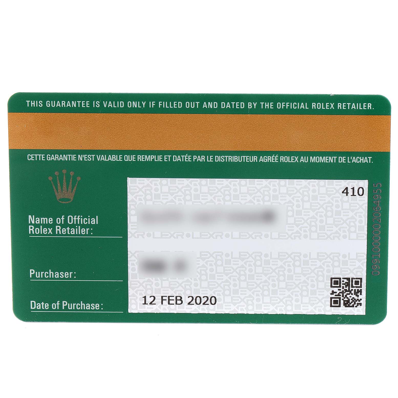 This image shows the guarantee card for a Rolex Sea-Dweller 126603 Men's Steel and Gold (two tone) Black Dial 126603 Men's Steel and Gold (two tone) Black Dial, displaying date, retailer's name, and purchase details.