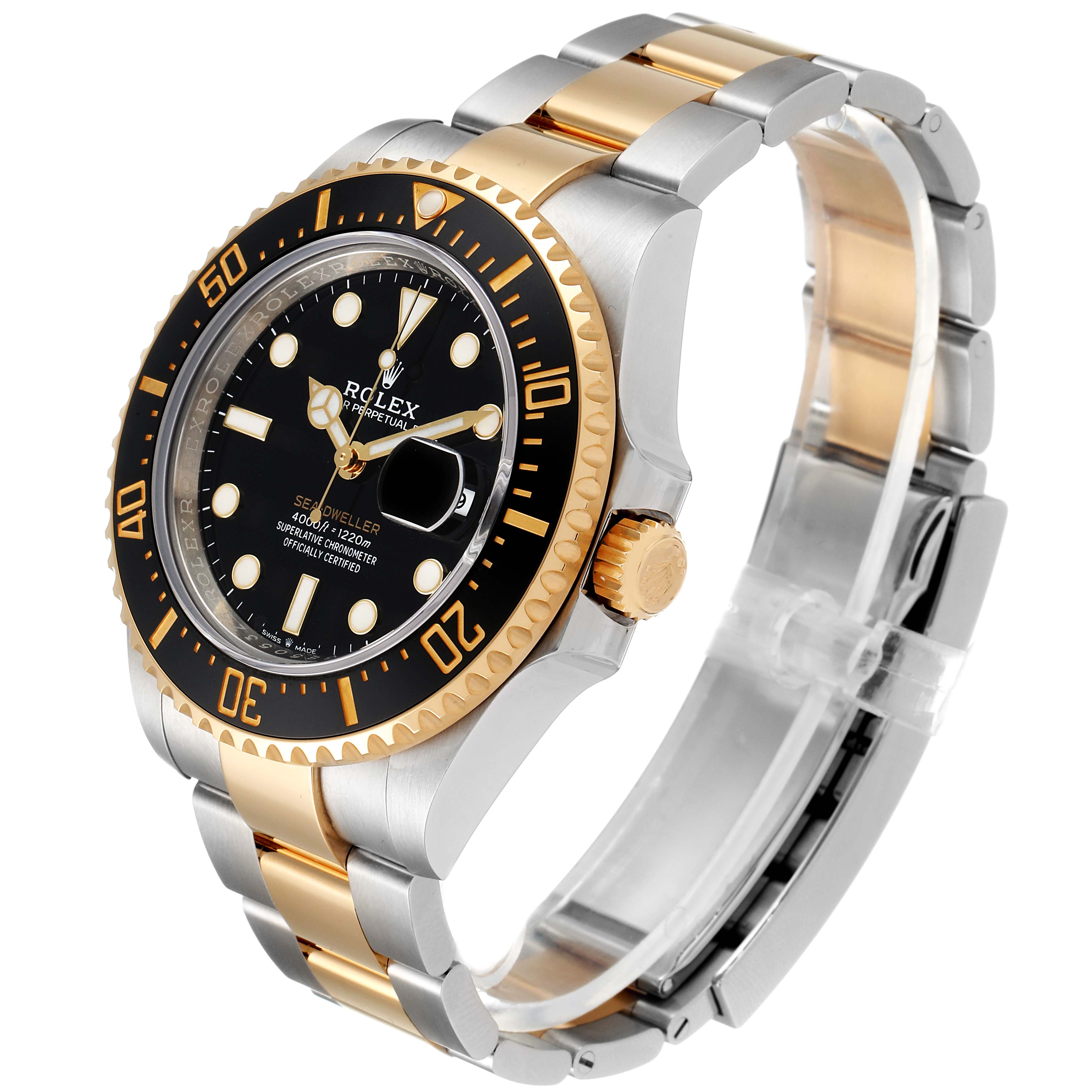 This image shows a Rolex Sea-Dweller 126603 Men's Steel and Gold (two tone) Black Dial 126603 Men's Steel and Gold (two tone) Black Dial watch at an angle highlighting its black dial, gold bezel, and two-toned bracelet.