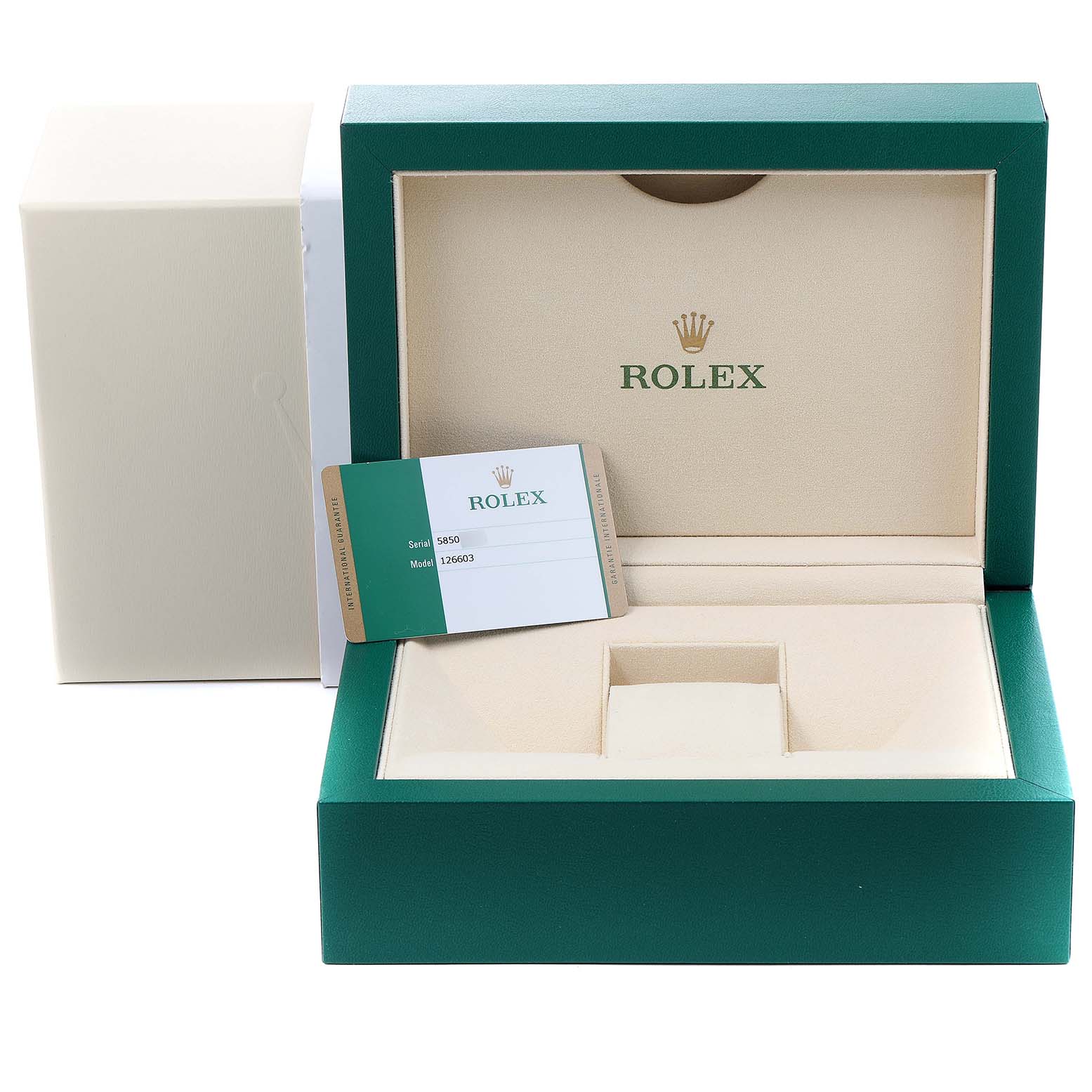 The image shows an open Rolex Sea-Dweller 126603 Men's Steel and Gold (two tone) Black Dial 126603 Men's Steel and Gold (two tone) Black Dial watch box with a warranty card inside.