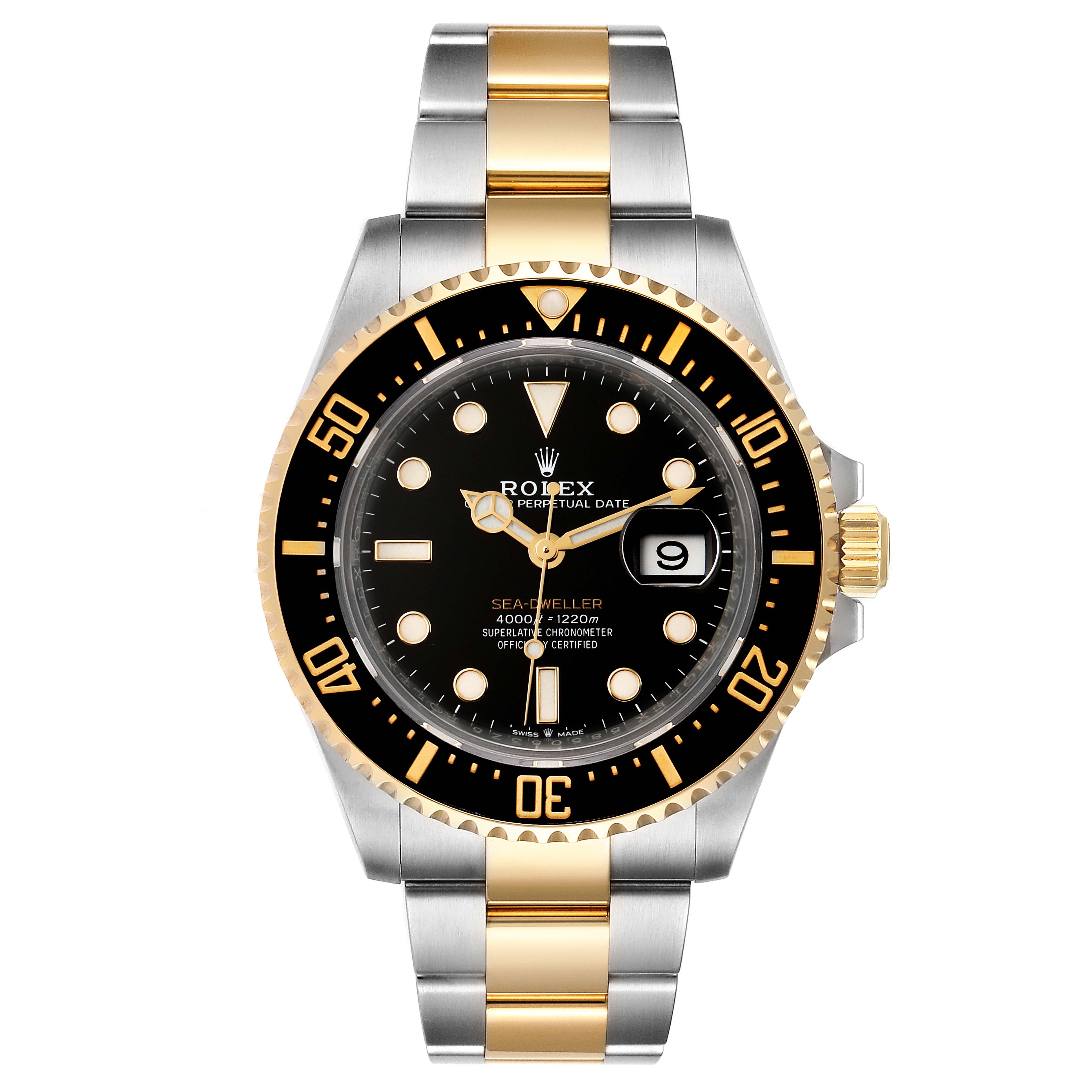 This image shows a front view of the Rolex Sea-Dweller 126603 Men's Steel and Gold (two tone) Black Dial 126603 Men's Steel and Gold (two tone) Black Dial watch, highlighting the dial, bezel, case, and bracelet.