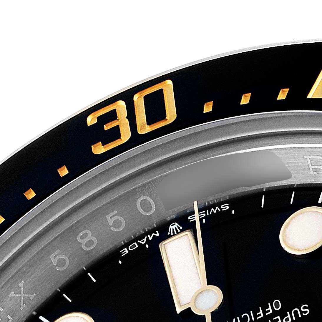 The image shows a close-up of the bezel and part of the dial of a Rolex Sea-Dweller 126603 Men's Steel and Gold (two tone) Black Dial 126603 Men's Steel and Gold (two tone) Black Dial watch, highlighting the "30" marker.