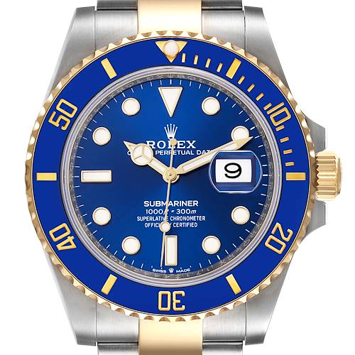 The image shows a front view of the Rolex Submariner 126613 Men's Steel and Gold (two tone) Blue Dial 126613 Men's Steel and Gold (two tone) Blue Dial watch, clearly displaying the blue dial, gold accents, bezel, and the date function.