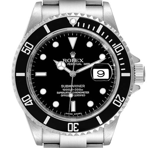 The image shows a frontal view of the Rolex Submariner 16610 Men's Stainless Steel Black Dial 16610 Men's Stainless Steel Black Dial watch with a black dial, rotating bezel, and date window at 3 o'clock.