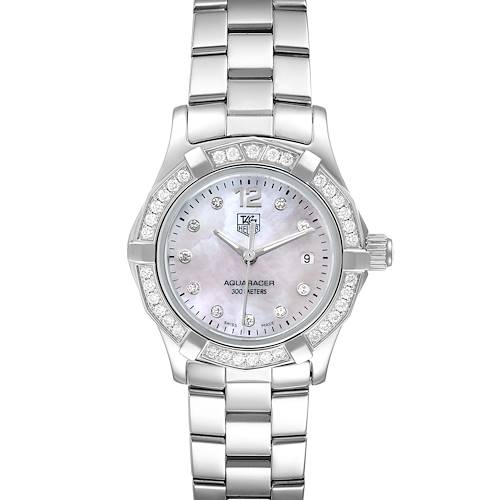 The image shows a front view of a Tag Heuer Aquaracer WAF1416.BA0824 Women's Stainless Steel Mother of Pearl Dial WAF1416.BA0824 Women's Stainless Steel Mother of Pearl Dial watch, highlighting the face, bezel, and part of the bracelet.