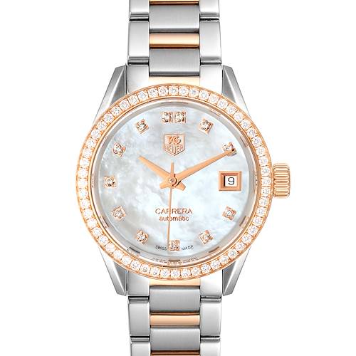 The image shows a Tag Heuer Carrera WAR2453.BD0777 Women's Steel and Gold (two tone) Mother of Pearl Dial WAR2453.BD0777 Women's Steel and Gold (two tone) Mother of Pearl Dial model watch from a front angle, highlighting its bezel, dial, and bracelet.