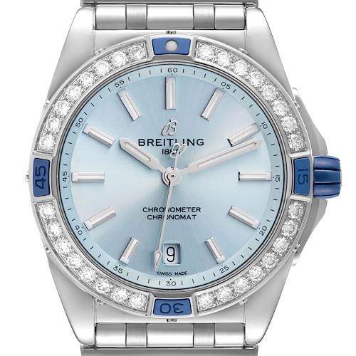 This image shows a frontal view of the Breitling A17356 Women's Stainless Steel Blue Dial A17356 Women's Stainless Steel Blue Dial Super Chronomat Blue Dial Steel Diamond Ladies Watch A17356 with a diamond-encrusted bezel.