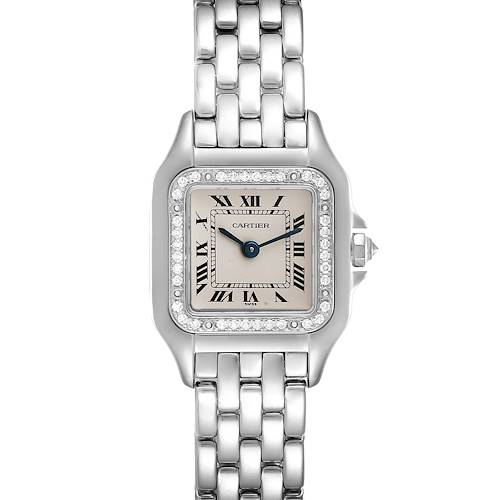 This image shows a straight-on view of the Cartier Panthere WF3091F3 Women's White Gold Silver Dial WF3091F3 Women's White Gold Silver Dial model watch, displaying its square face, Roman numeral dial, and metal bracelet.
