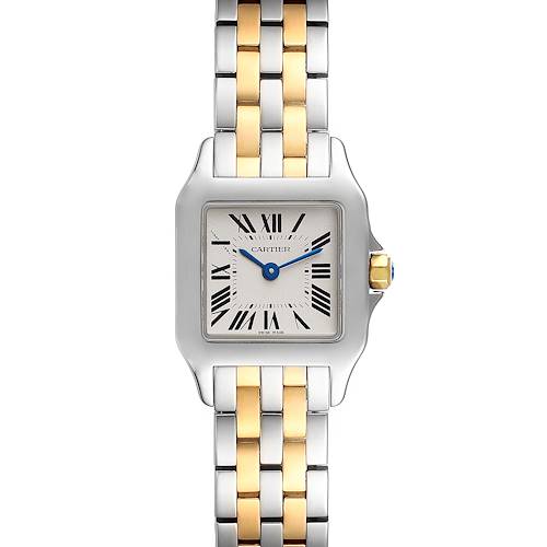 The image shows a Cartier Santos Demoiselle W25066Z6 Women's Steel and Gold (two tone) Silver Dial W25066Z6 Women's Steel and Gold (two tone) Silver Dial watch with a bi-metal (silver and gold) bracelet from a top-down angle.