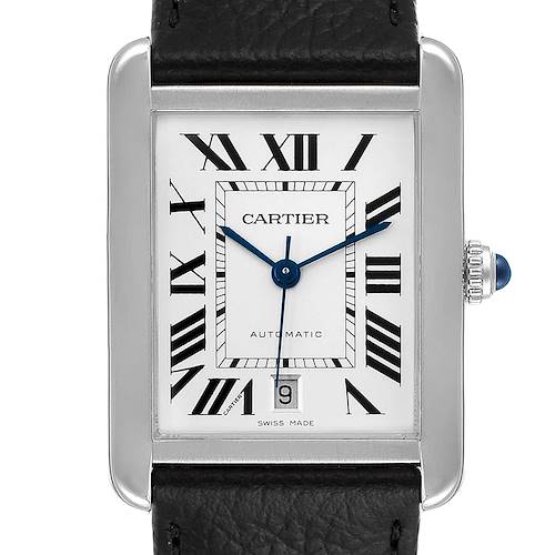 The image shows a frontal view of the Cartier Tank Solo W5200027 Men's Stainless Steel Silver Dial W5200027 Men's Stainless Steel Silver Dial watch, displaying its dial, hands, and part of the leather strap.