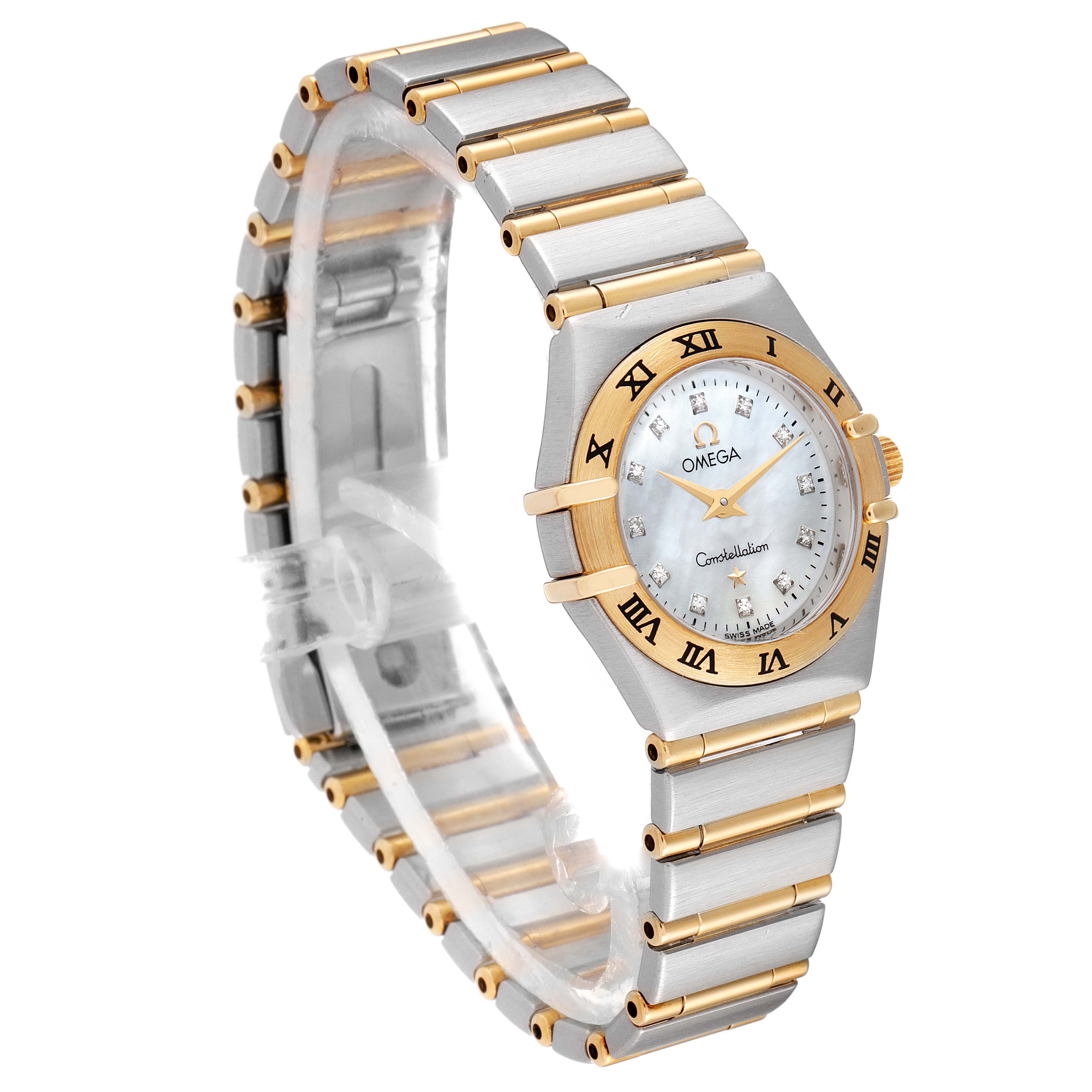 The image shows an Omega 1262.75.00 Women's Steel and Gold (two tone) Mother of Pearl Dial 1262.75.00 Women's Steel and Gold (two tone) Mother of Pearl Dial Constellation Steel Yellow Gold MOP Diamond Ladies Watch 1262.75.00 at a three-quarter angle, highlighting the bracelet and face.