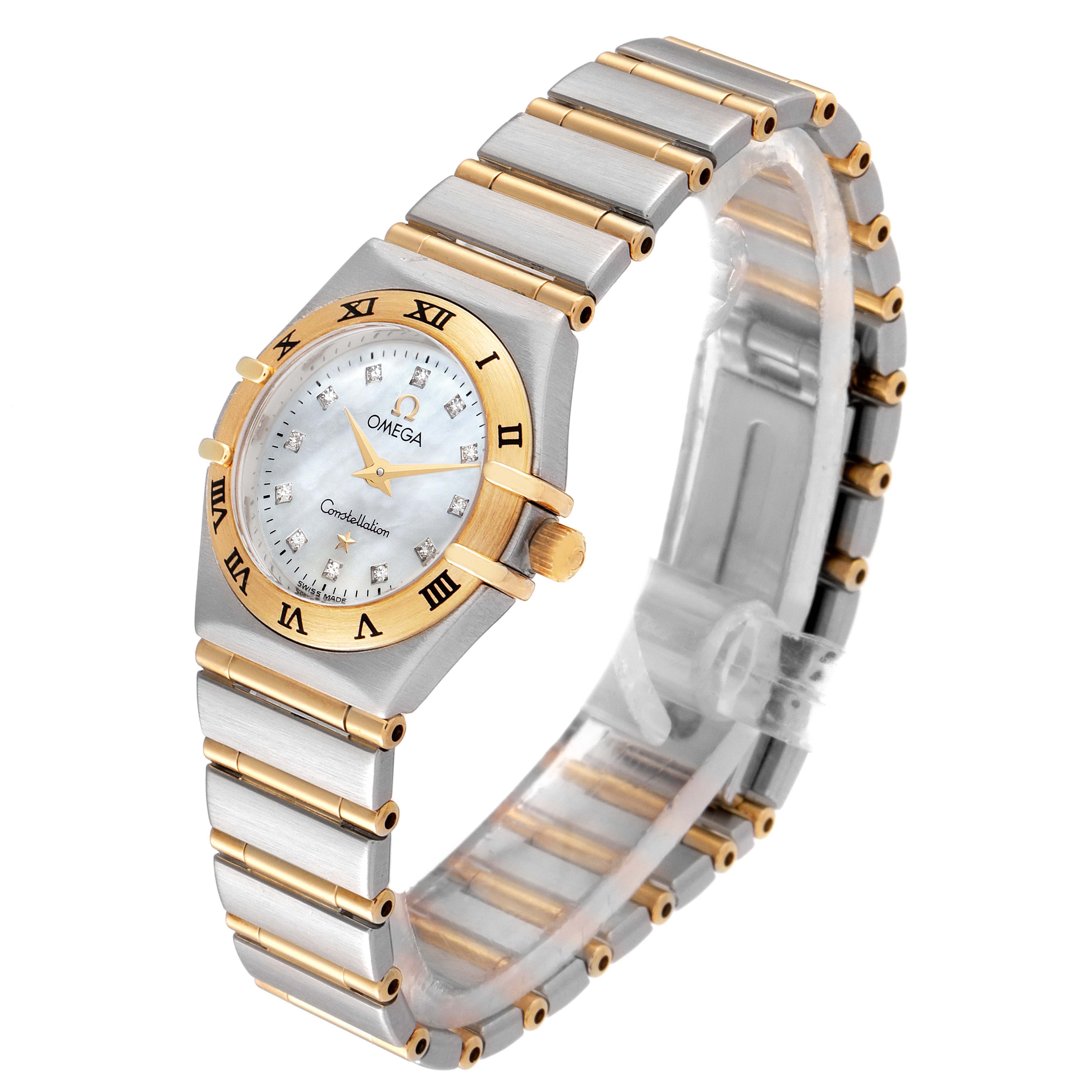 This image shows a side angle of the Omega 1262.75.00 Women's Steel and Gold (two tone) Mother of Pearl Dial 1262.75.00 Women's Steel and Gold (two tone) Mother of Pearl Dial Constellation Steel Yellow Gold MOP Diamond Ladies Watch 1262.75.00, highlighting its bracelet and diamond-studded dial.