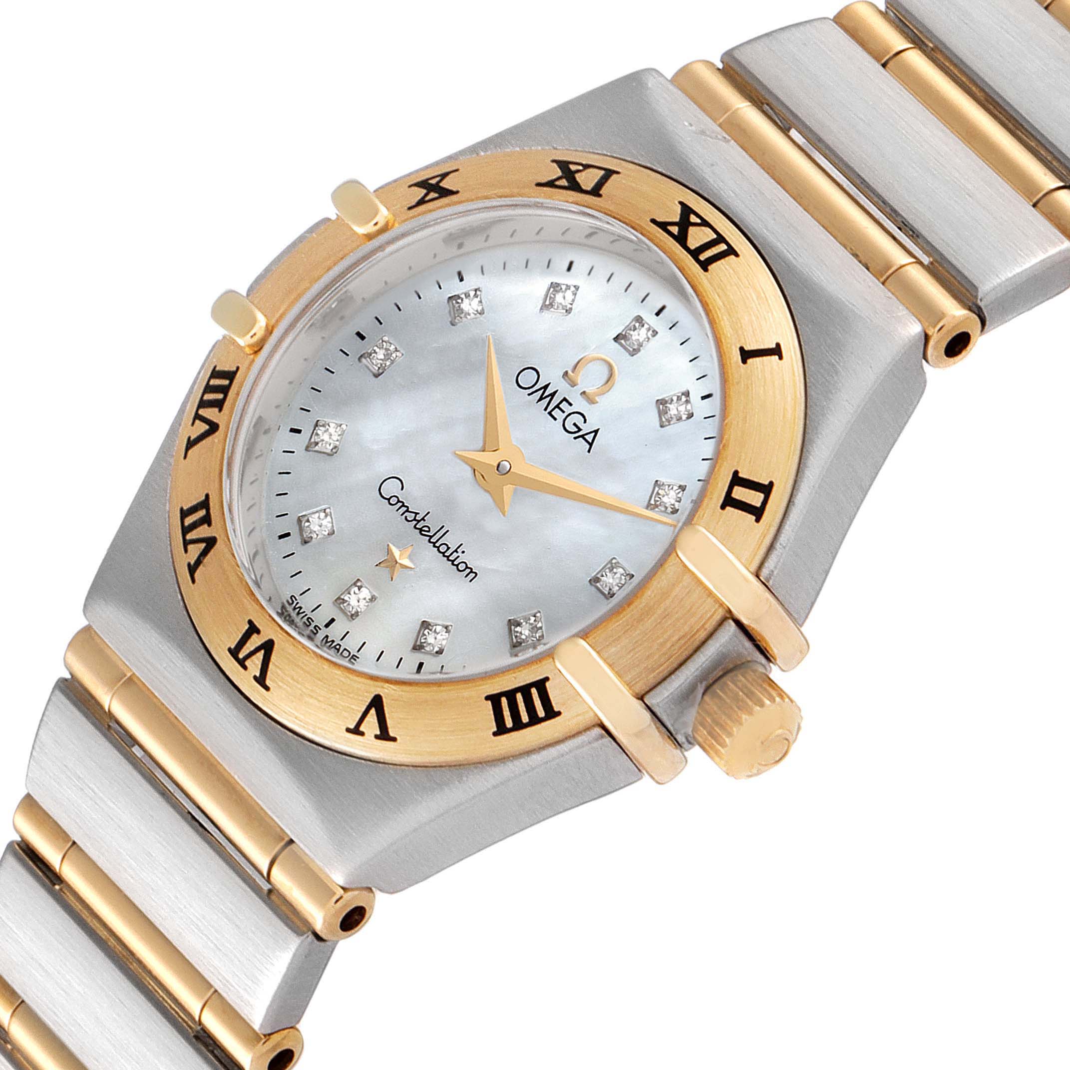 The Omega 1262.75.00 Women's Steel and Gold (two tone) Mother of Pearl Dial 1262.75.00 Women's Steel and Gold (two tone) Mother of Pearl Dial Constellation Steel Yellow Gold MOP Diamond Ladies Watch 1262.75.00 is shown at a slight angle, highlighting the face, bezel, and band.