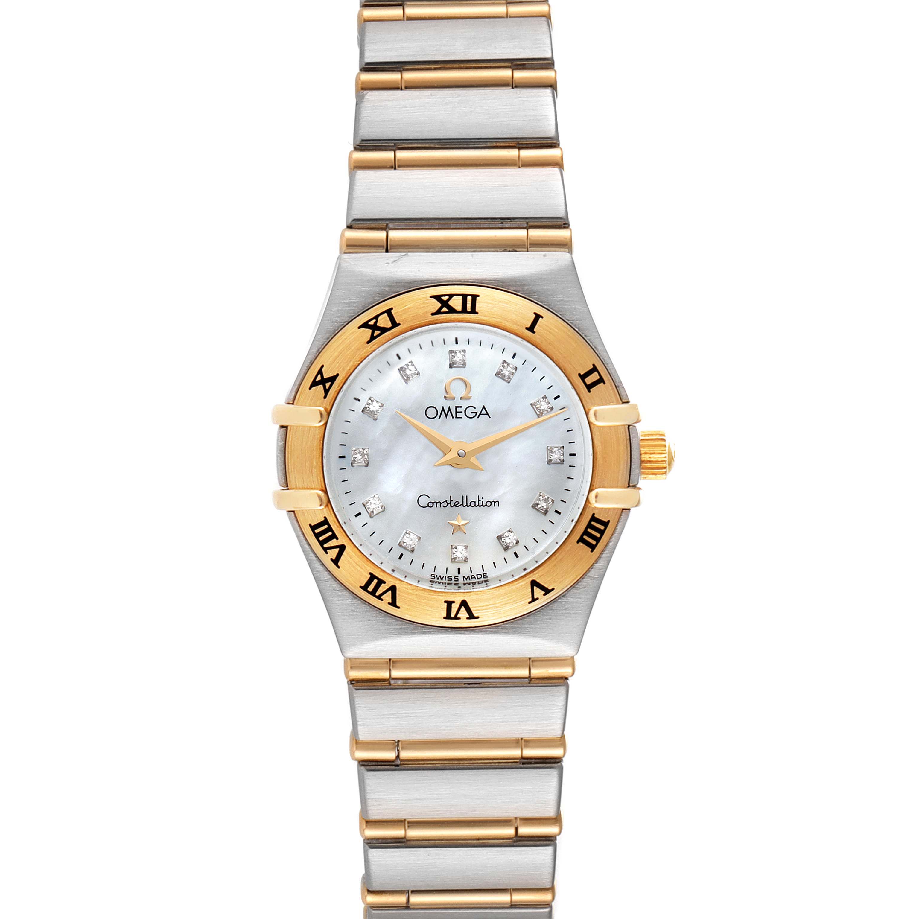 The image shows the front view of an Omega 1262.75.00 Women's Steel and Gold (two tone) Mother of Pearl Dial 1262.75.00 Women's Steel and Gold (two tone) Mother of Pearl Dial Constellation Steel Yellow Gold MOP Diamond Ladies Watch 1262.75.00, highlighting the face and bracelet.