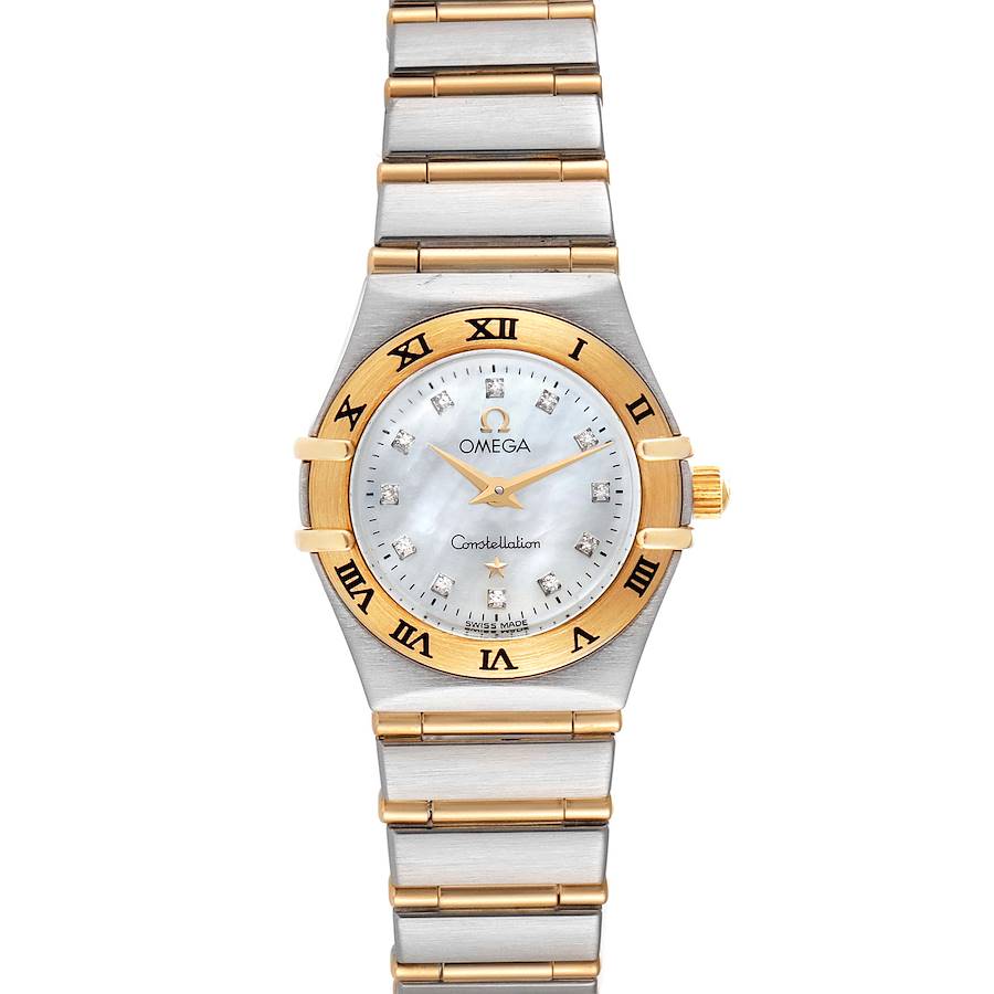 The image shows the front view of an Omega 1262.75.00 Women's Steel and Gold (two tone) Mother of Pearl Dial 1262.75.00 Women's Steel and Gold (two tone) Mother of Pearl Dial Constellation Steel Yellow Gold MOP Diamond Ladies Watch 1262.75.00, highlighting the face and bracelet.
