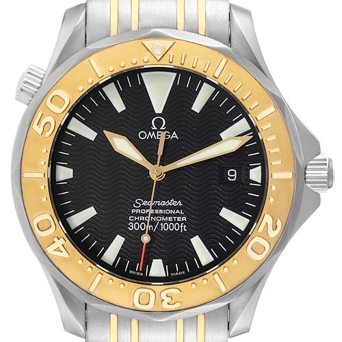 The image shows a front view of an Omega Seamaster 2455.50.00 Men's Steel and Gold (two tone) Black Dial 2455.50.00 Men's Steel and Gold (two tone) Black Dial watch, highlighting the bezel, dial, and part of the bracelet.