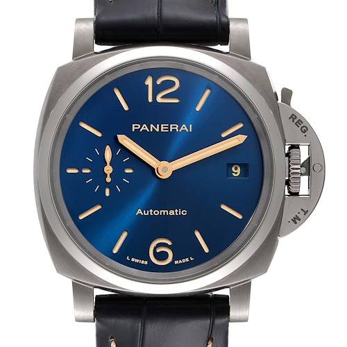The image shows a front view of a Panerai Luminor Due PAM00926 Men's Titanium Blue Dial PAM00926 Men's Titanium Blue Dial watch with a blue dial, visible date window, and leather strap.