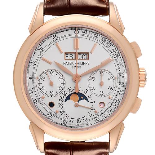 The Patek Philippe Complications 5270R-001 Men's Rose Gold Silver Dial 5270R-001 Men's Rose Gold Silver Dial watch is shown from the front, displaying its dial, hands, subdials, and moon phase.