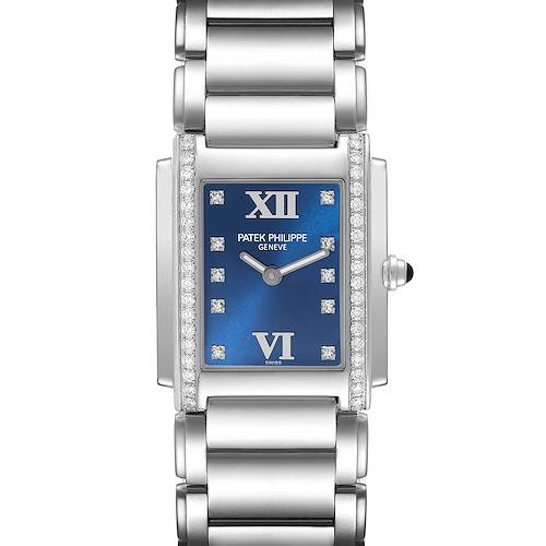This image shows a front view of the Patek Philippe Twenty-4 4910/10A-012 Women's Stainless Steel Blue Dial 4910/10A-012 Women's Stainless Steel Blue Dial watch, highlighting the face, dial, and bracelet.