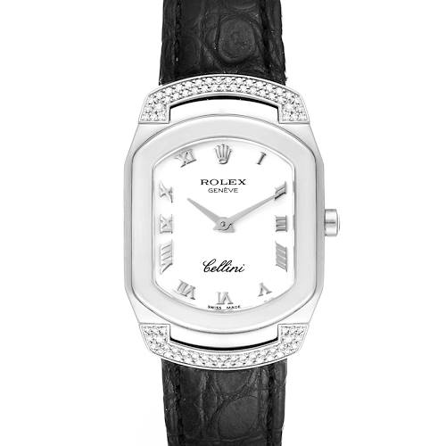 This image shows a front view of a Rolex Cellini 6692 Women's White Gold White Dial 6692 Women's White Gold White Dial watch featuring a white dial, Roman numerals, and a black leather strap.
